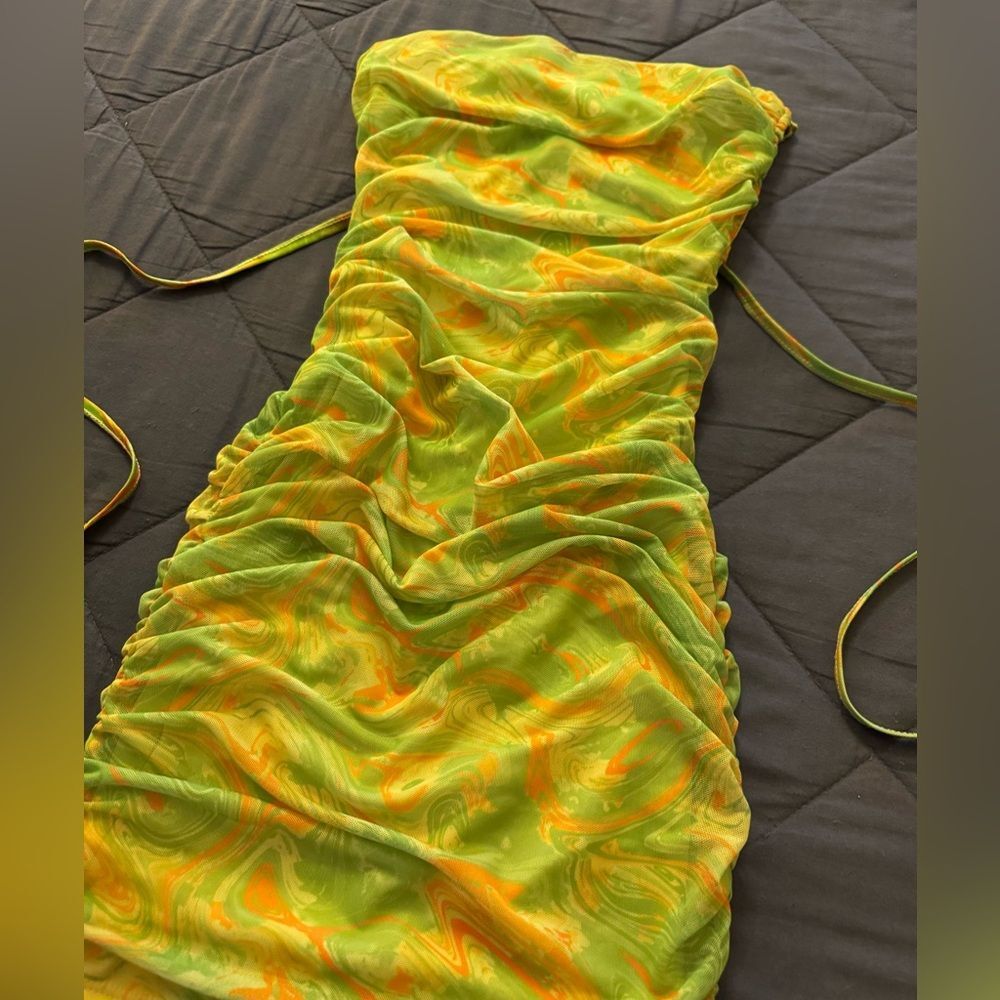 Vibrant Green and Orange Ruched Dress Allover Print Lace Up Backless - Picture 2 of 13